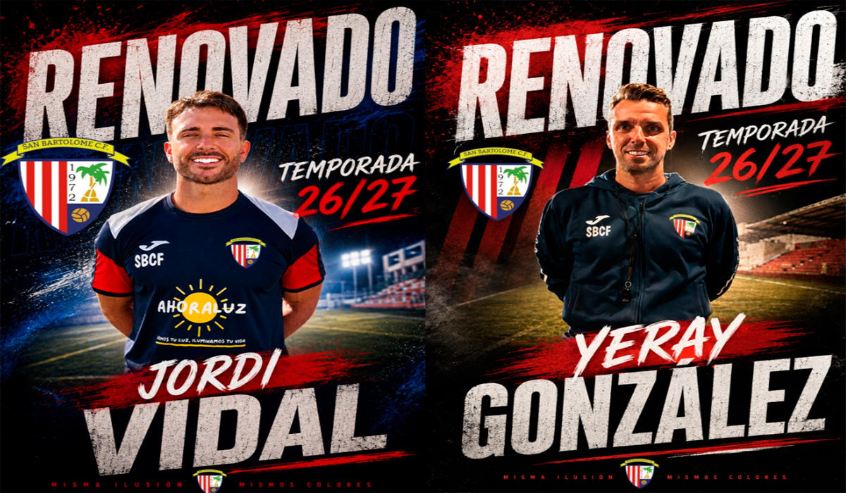Yeray González seguirá al frente del San Bartolomé CF y Jordi Vidal continuará como segundo entrenador